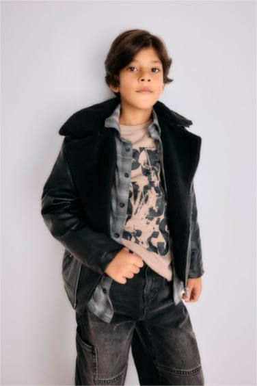 Boy Zipper Water Repellent Plush Faux Leather Jacket