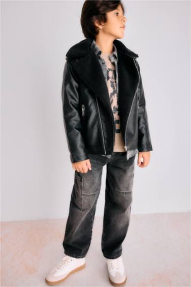 Boy Zipper Water Repellent Plush Faux Leather Jacket