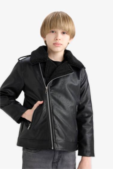 Boy Zipper Water Repellent Plush Faux Leather Jacket