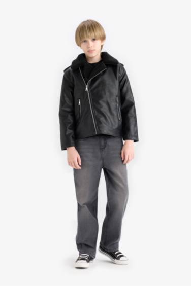 Boy Zipper Water Repellent Plush Faux Leather Jacket