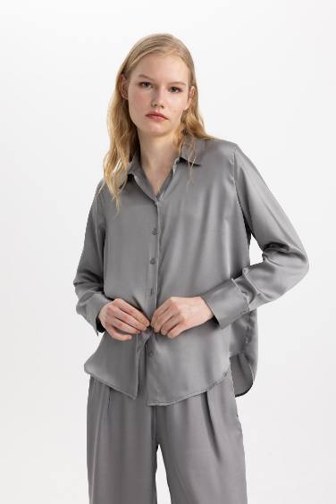 Chemise Satin Oversize à Manches Longues