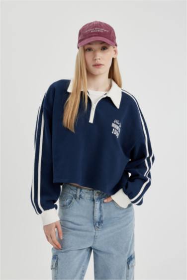 Coool Fermuarlı Polo Yaka Baskılı Crop Sweatshirt