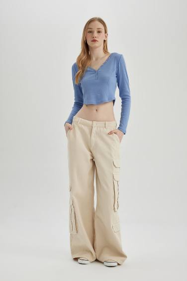 Fitted V Neck Corduroy Crop T-Shirt