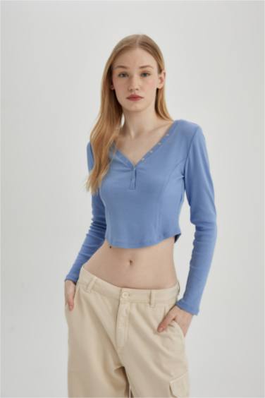 Fitted V Neck Corduroy Crop T-Shirt