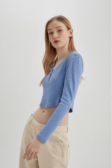 Fitted V Neck Corduroy Crop T-Shirt