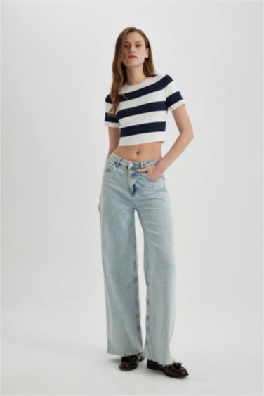 Striped Crew Neck Short Sleeve Knitwear Crop T-Shirt