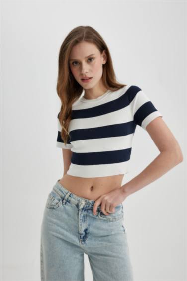 Striped Crew Neck Short Sleeve Knitwear Crop T-Shirt