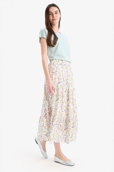 Beli Lastikli Çiçek Desenli Midi Etek