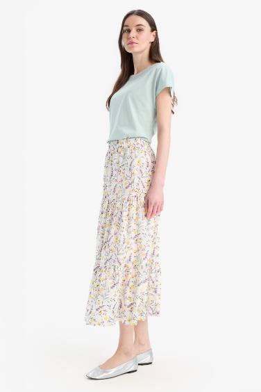 Beli Lastikli Çiçek Desenli Midi Etek