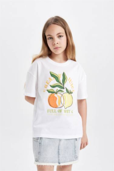 تيشيرت بناتي نص كم قصة مريحة برقبة مستديرة