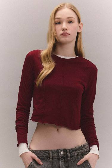 Fitted Crew Neck Basic Crop Long Sleeve T-Shirt