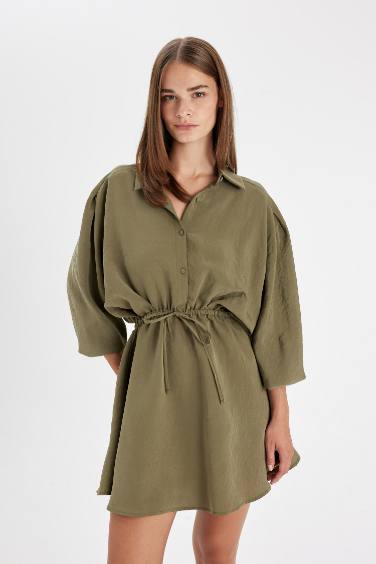 Shirt Collar Waist Gathered Lace Basic Mini Dress