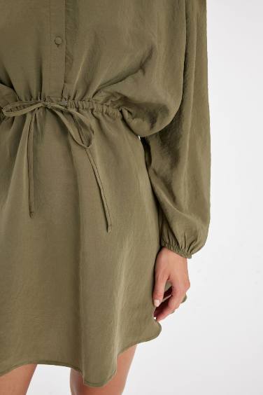 Shirt Collar Waist Gathered Lace Basic Mini Dress