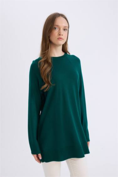 Regular Fit Bisiklet Yaka Basic Düz Triko Kazak Tunik