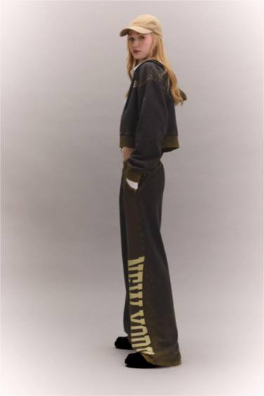 Wide Leg Printed Thick Fabric Washed Effect Sweatpants