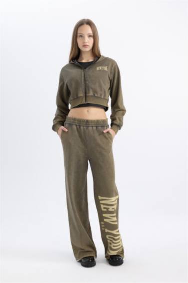 Wide Leg Printed Thick Fabric Washed Effect Sweatpants
