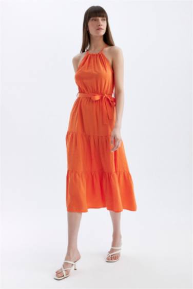 Halter Neck Belted Sleeveless Midi Dress