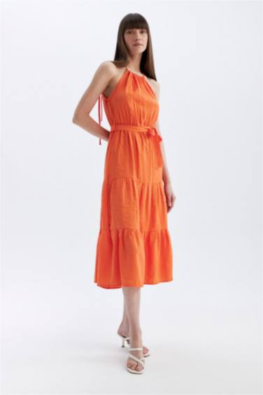 Halter Neck Belted Sleeveless Midi Dress