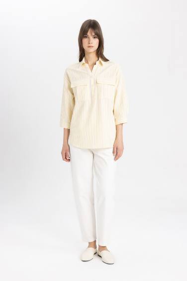 Relax Fit Shirt Collar Poplin Long Sleeve Striped Tunic