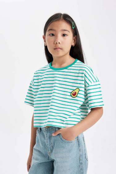 Girl Crew Neck Striped Short Sleeve T-Shirt