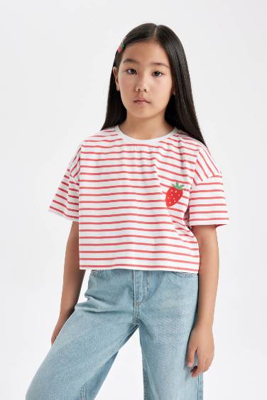 Girl Crew Neck Striped Short Sleeve T-Shirt