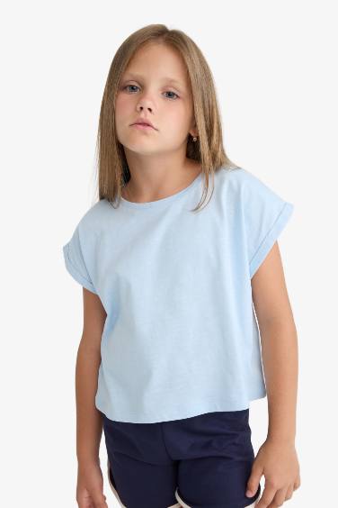 Girl Boxy Fit Crew Neck Basic Short Sleeve T-Shirt