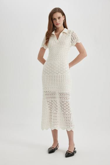 A-Line Polo Neck Flared Knitwear Maxi Dress