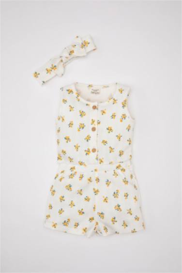 طقم بناتي جمبسوت بنقشة الزهور وبندانا - قطعتين