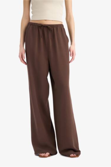 Keten Karışımlı Palazzo Pantolon Wide Leg Geniş Bol Paça Üç Cepli Normal Bel Basic Düz Standart Boy