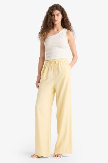 Keten Karışımlı Palazzo Pantolon Wide Leg Geniş Bol Paça Üç Cepli Normal Bel Basic Düz Standart Boy