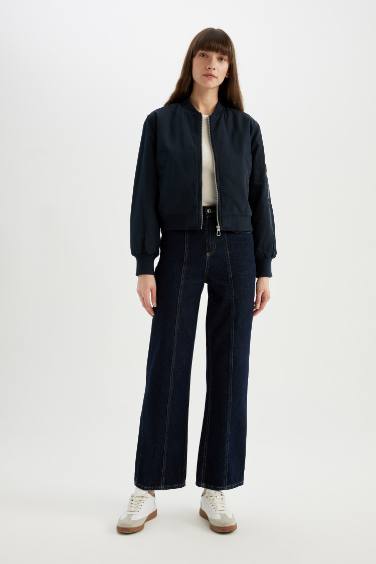 Su Geçirmez Kolej Yaka Düz Fermuarlı Cepli Bomber Ceket Mont