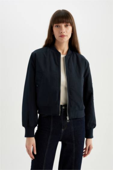 Su Geçirmez Kolej Yaka Düz Fermuarlı Cepli Bomber Ceket Mont