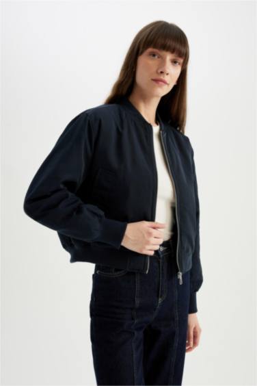 Su Geçirmez Kolej Yaka Düz Fermuarlı Cepli Bomber Ceket Mont