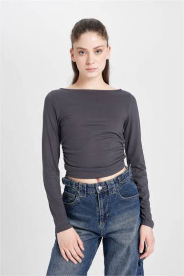 Fitted Boat Neck Basic Long Sleeve T-Shirt