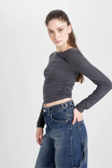 Fitted Boat Neck Basic Long Sleeve T-Shirt