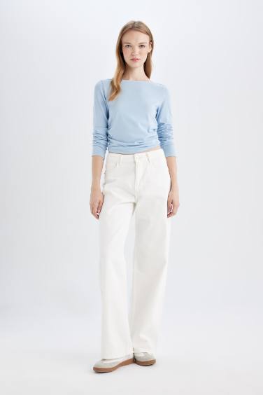 تيشيرت بيزك سادة برقبة مستديرة كم طويل