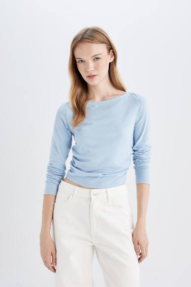 تيشيرت بيزك سادة برقبة مستديرة كم طويل