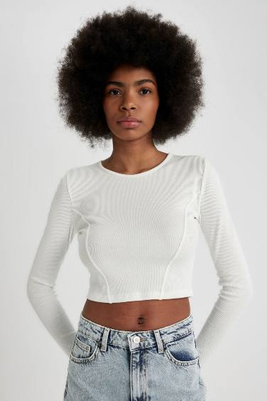 Fitted Crew Neck Corduroy Crop T-Shirt