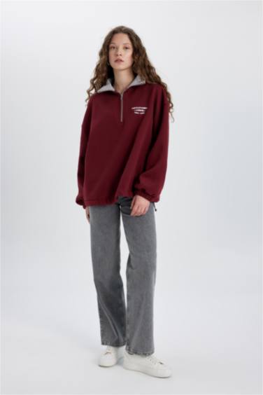 Oversize Geniş Kalıp Yarım Fermuarlı Nakışlı Kalın Sweatshirt