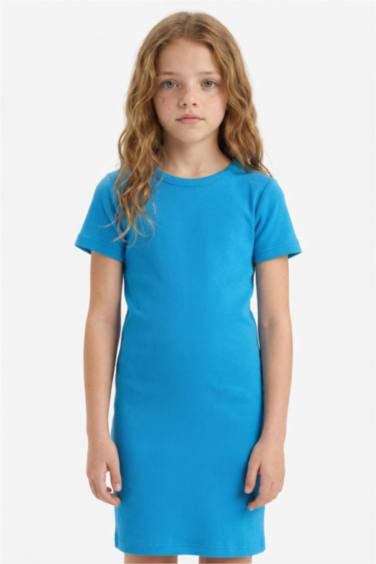 Girl Crew Neck Ribbed Camisole Short Sleeve Dress