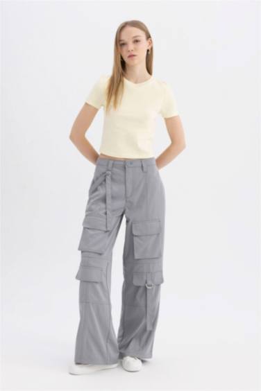 Coool Wide Leg Geniş Paça Normal Bel Pantolon Kargo Cepli Basic Düz
