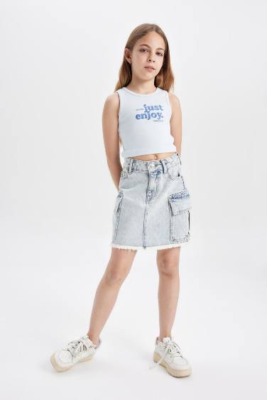 Girl Crew Neck Slogan Patterned Crop Top