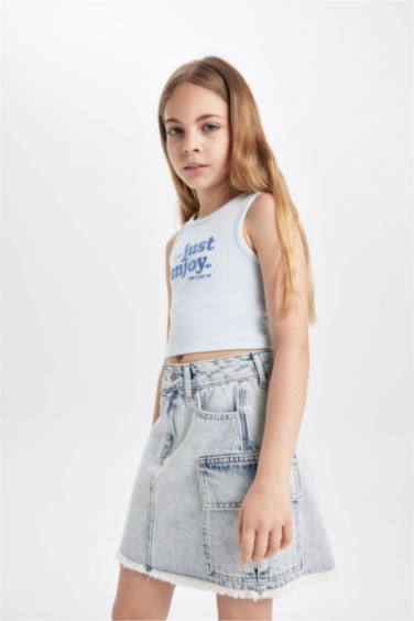 Girl Crew Neck Slogan Patterned Crop Top