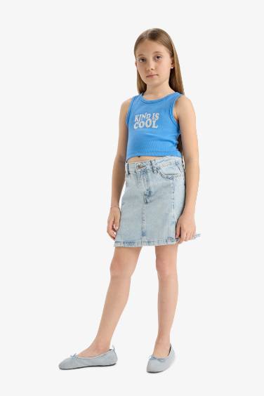 Girl Crew Neck Slogan Patterned Crop Top