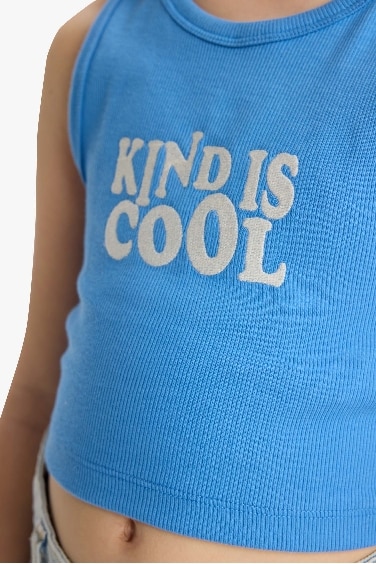 Girl Crew Neck Slogan Patterned Crop Top