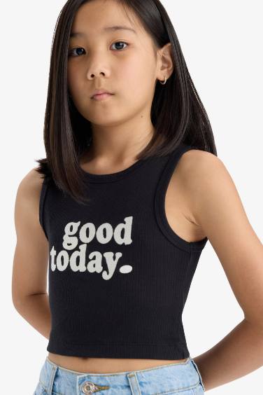 Girl Crew Neck Slogan Patterned Crop Top