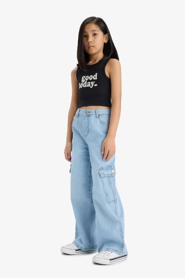 Girl Crew Neck Slogan Patterned Crop Top