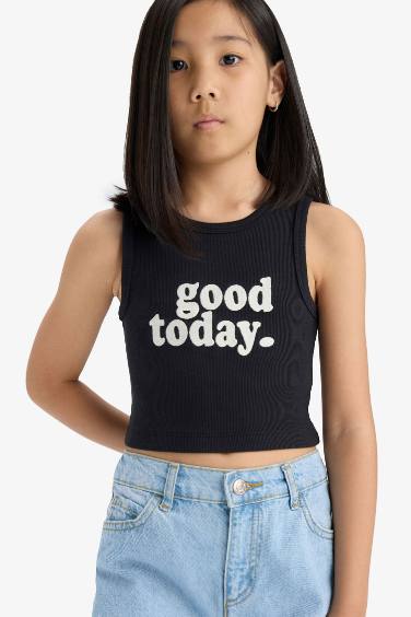 Girl Crew Neck Slogan Patterned Crop Top