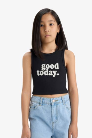 Girl Crew Neck Slogan Patterned Crop Top