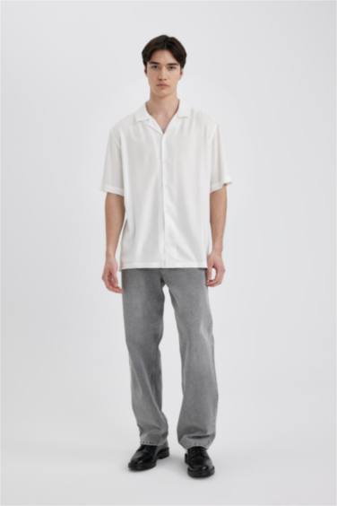 Regular Fit Yazlık Apaş Yaka Viskon Basic Düz Kısa Kollu Beyaz Gömlek